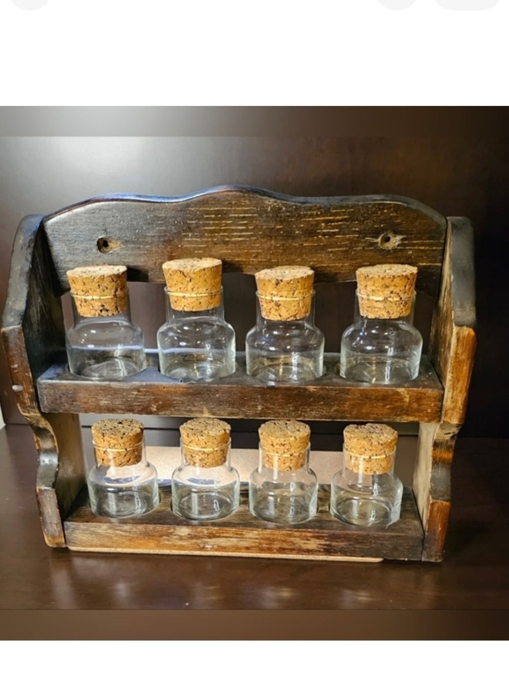 □●Vintage●□ 70's [Wooden Spice Rack] (8) Apothecary Glass Jars w/cork St…
